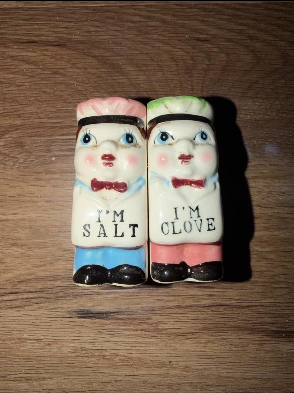 Vintage Novelty Ceramic Salt and Pepper Shakers - 'I'm Salt' & 'I'm Clove'